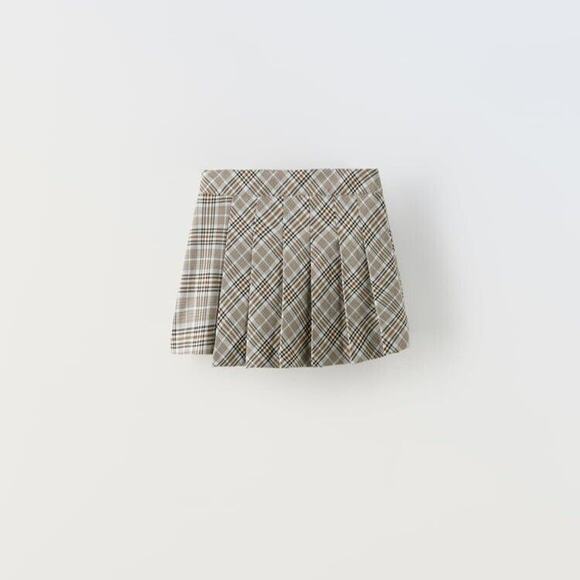 Zara Girls Asymetrical Pleated Plaid Taupe Brown Mini Skirt, Size 11-12 Years - Picture 2 of 4